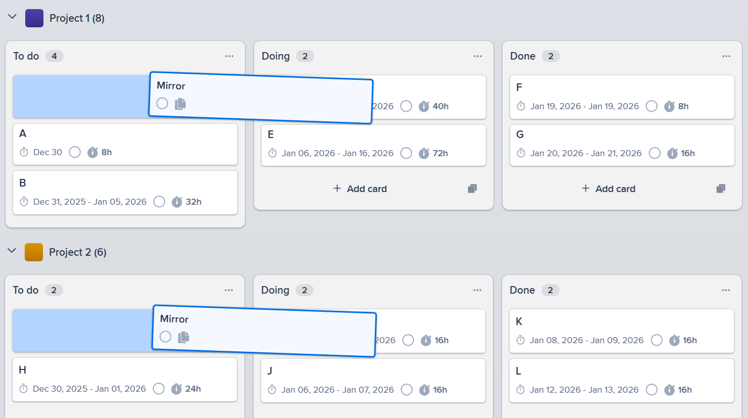 Screenshot showing multiple team boards with the same synchronized mirrored cards, demonstrating perfect cross-departmental alignment