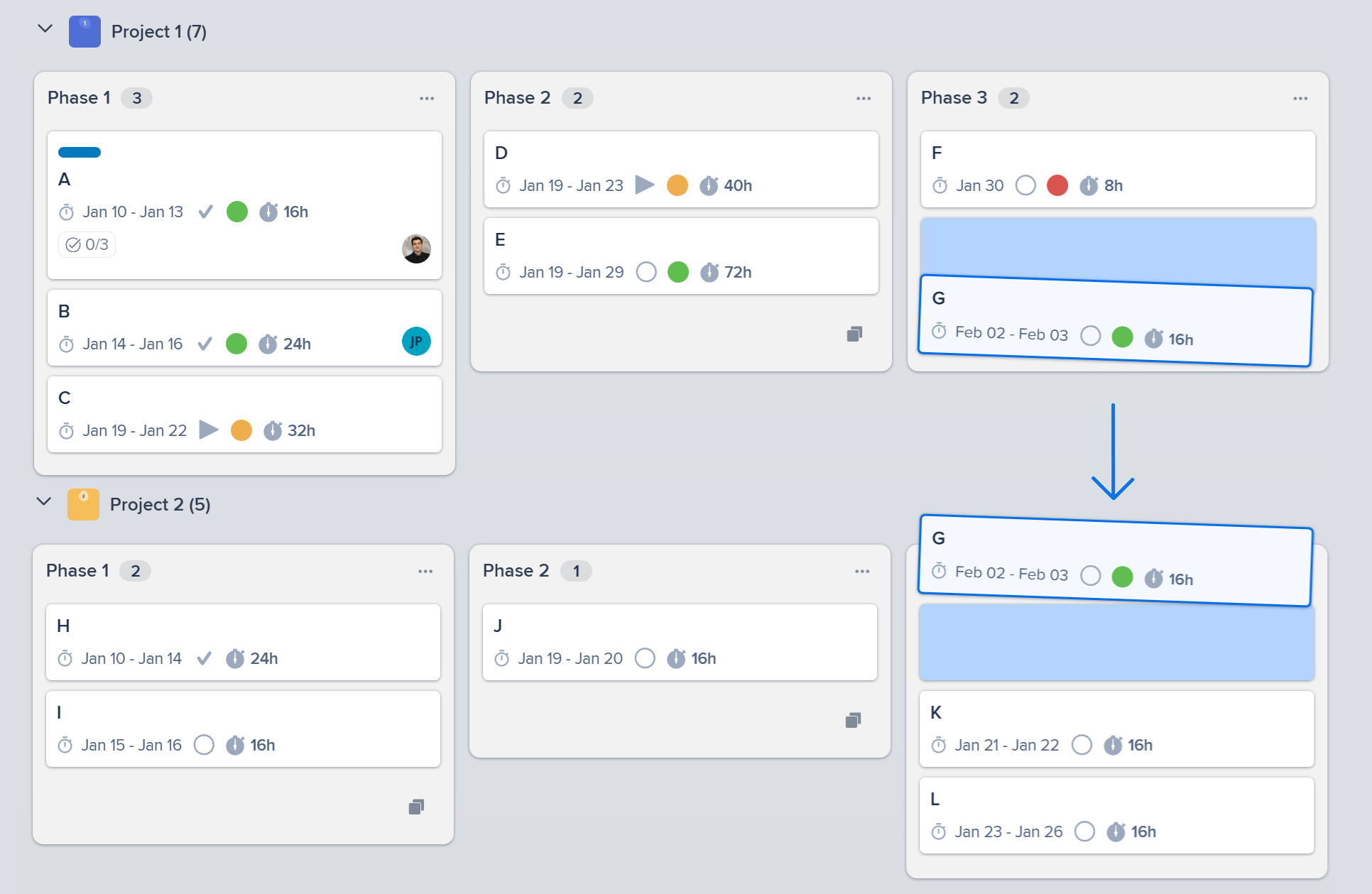 Screenshot demonstrating drag-and-drop functionality to move a card between different Trello boards in a grouped view